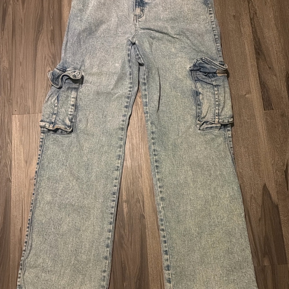 Fashion Nova Light Wash Cargo Jeans High Rise Straight Leg Size 11